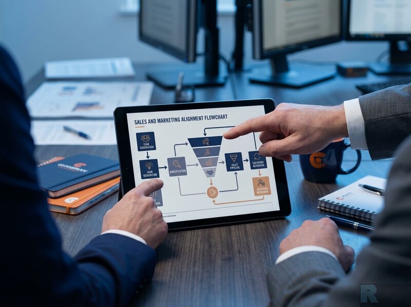 Marketing and sales teams collaborating on utility pipeline strategy in modern office